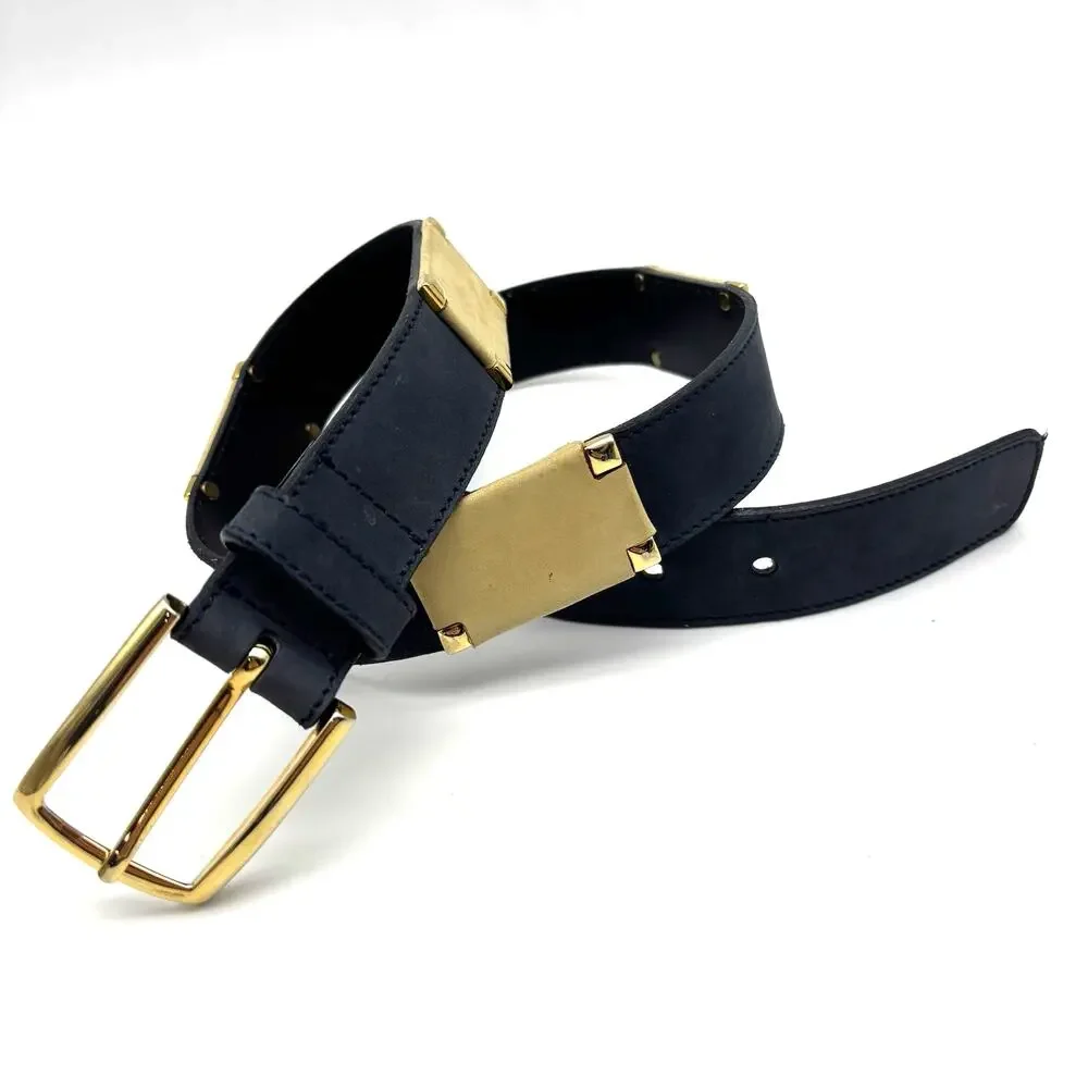 1980s Roberto Bellido Navy & Cream Genuine Leather Gold Studs Waist Belt 29-31